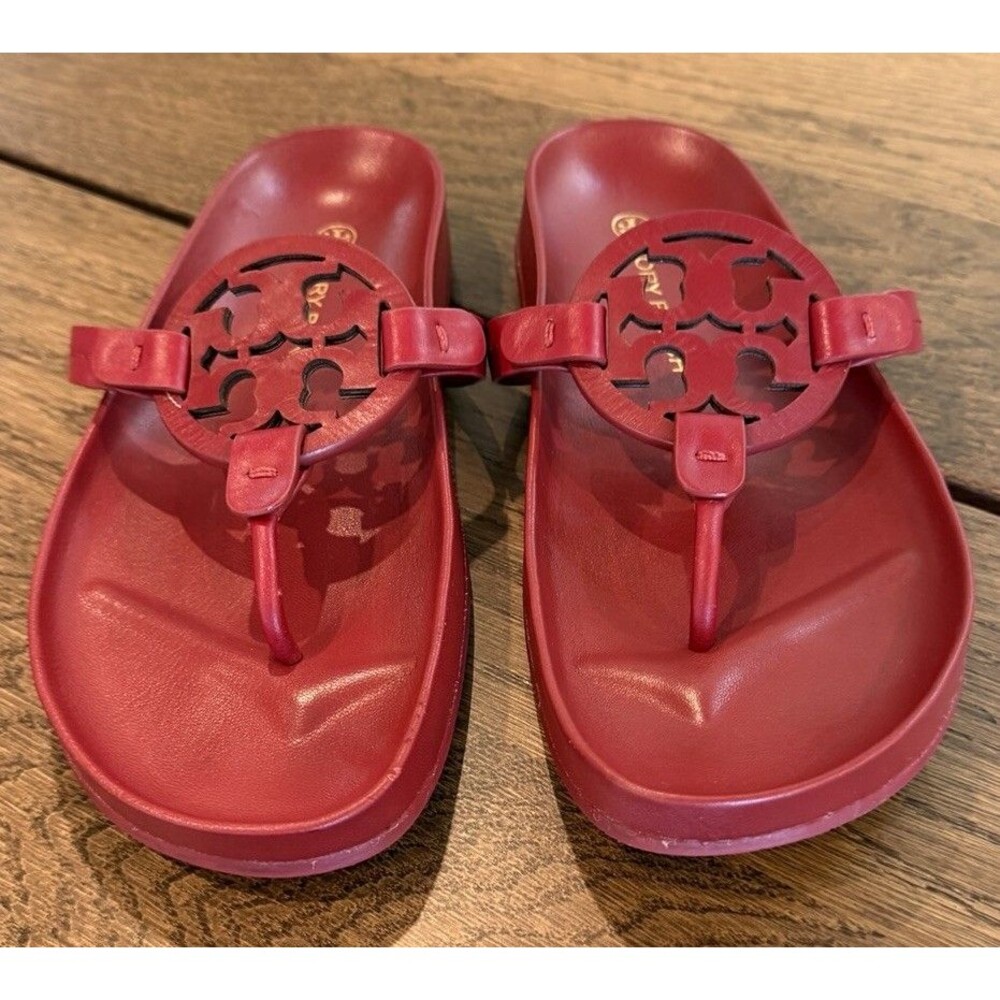 Tory Burch Miller Cloud Leather Thong Sandals Women’s Size 8 Red Logo Comfort - Picture 5 of 9